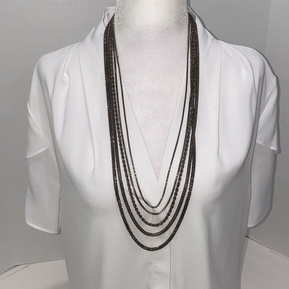 Multi Layered Silver Tone And Gun Metal 5 Layer Chain Necklace - Picture 10 of 11